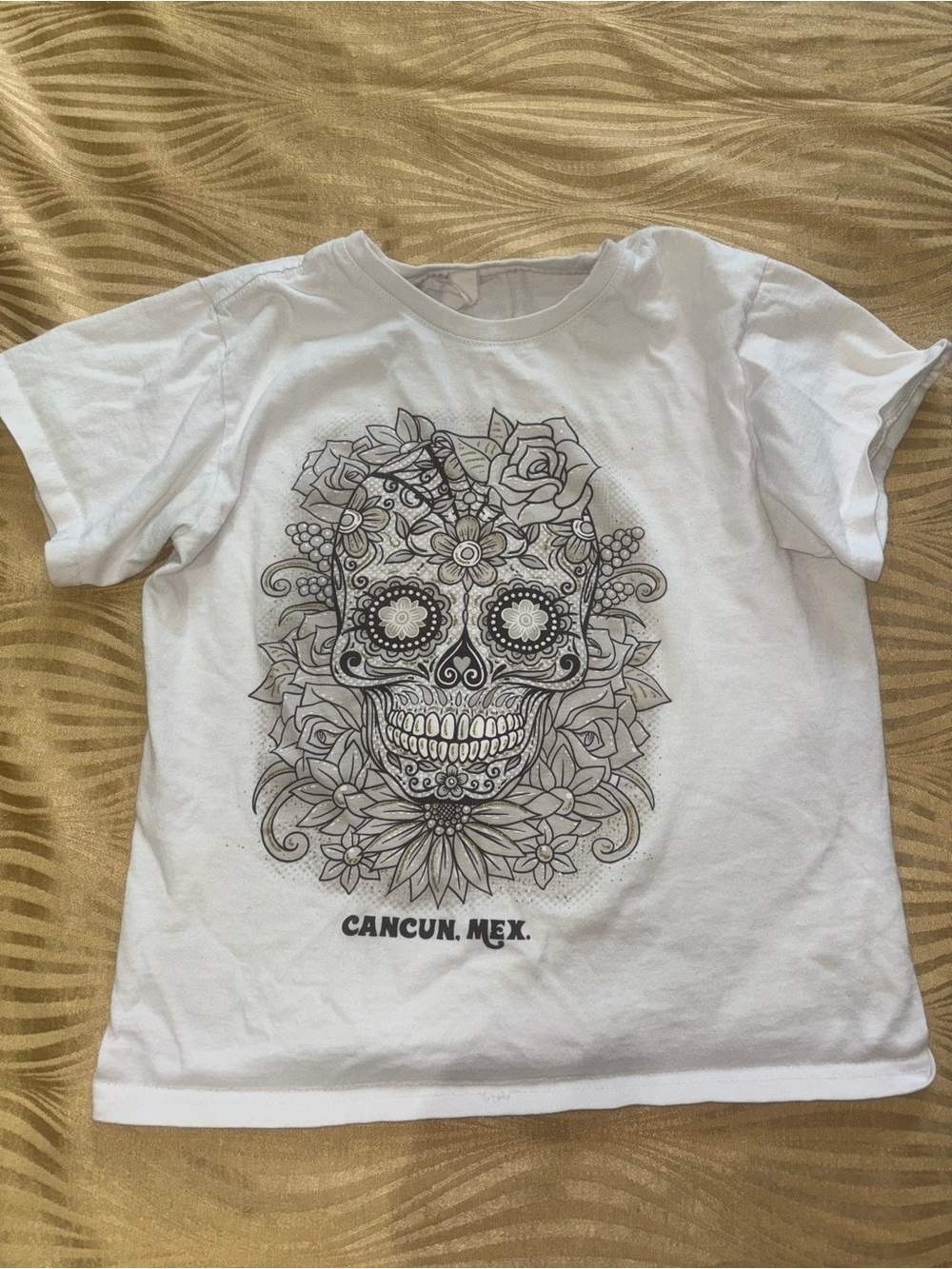 Sugar Skull Boho Bohemian Style White Tee Shirt from Cancun Mexico Gold Sparkles